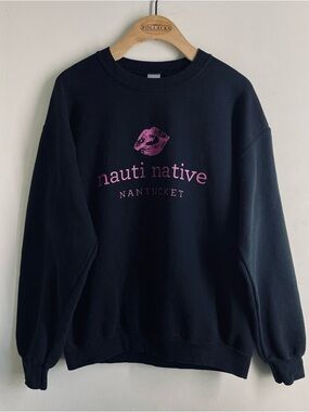 Nauti Native Nantucket Sweatshirt Black Pink Graphic Crewneck Oversized size M